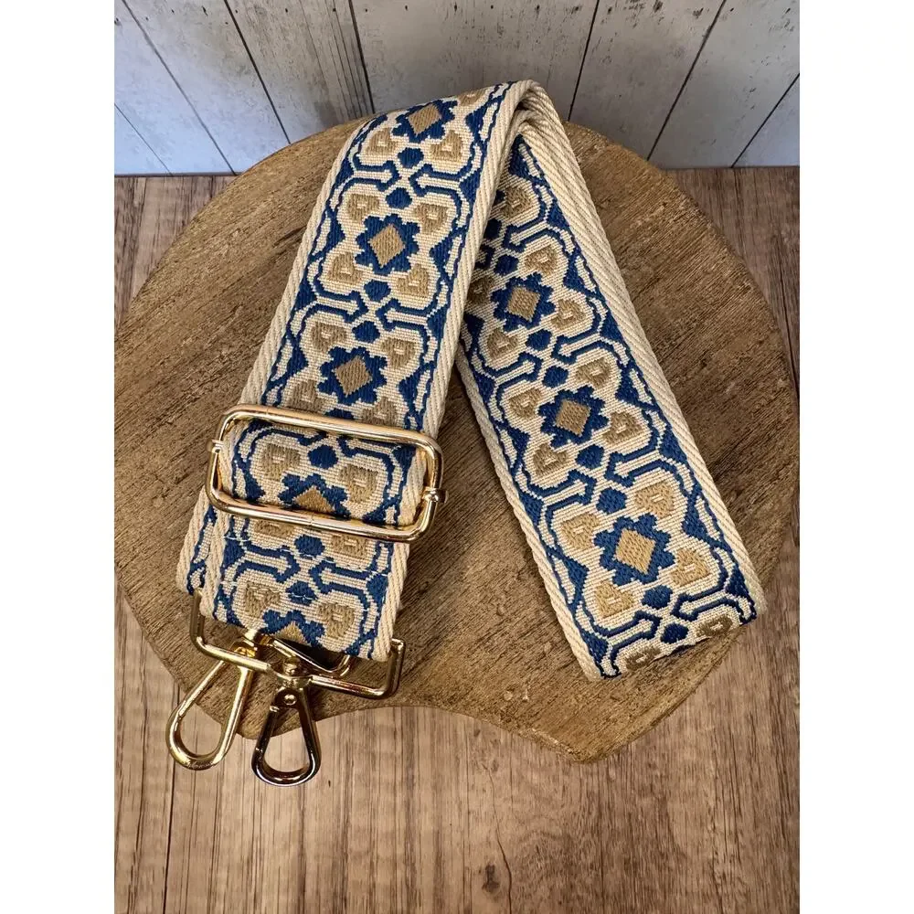 Beige Blue Purse Strap Wide Bag Strap Boho Crossbody Purse Strap